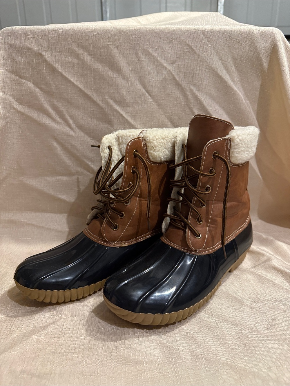 Adriana New York Brown and Black Lace-Up Sherpa-Trim Duck Boots